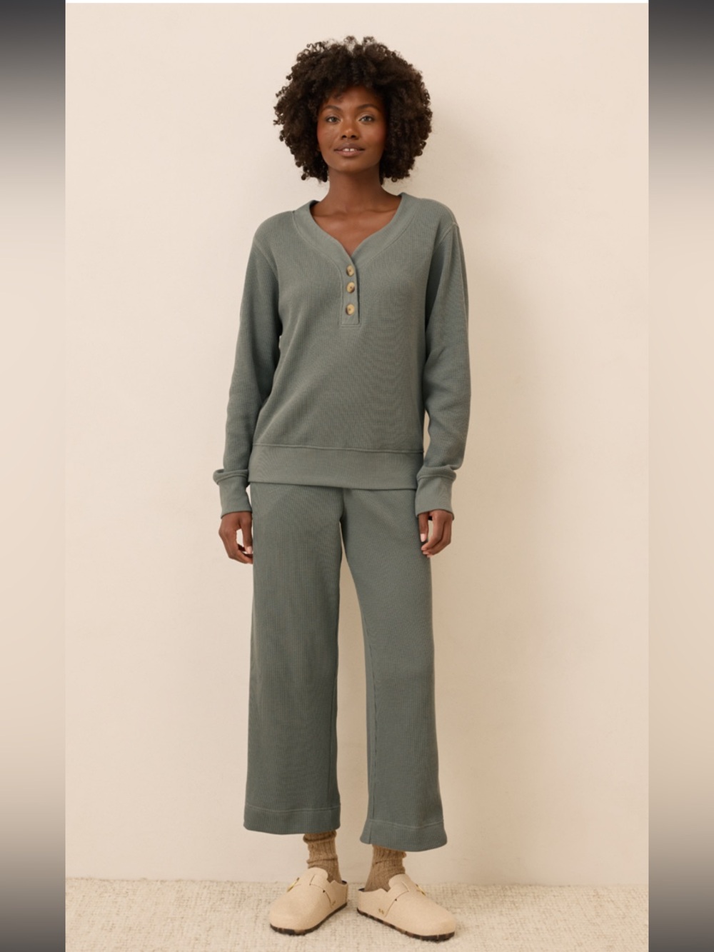 Pact Organic Thermal Waffle Wide Leg Pant Castor Green M
